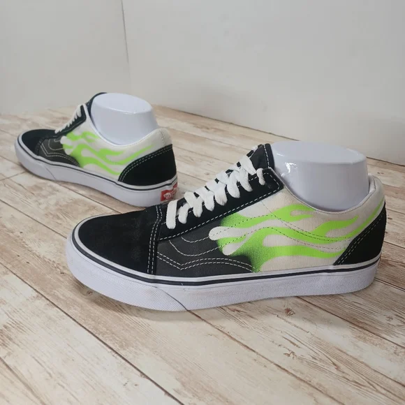 Vans Shoes Vans Black White Canvas Neon Green Flames Suede Old
